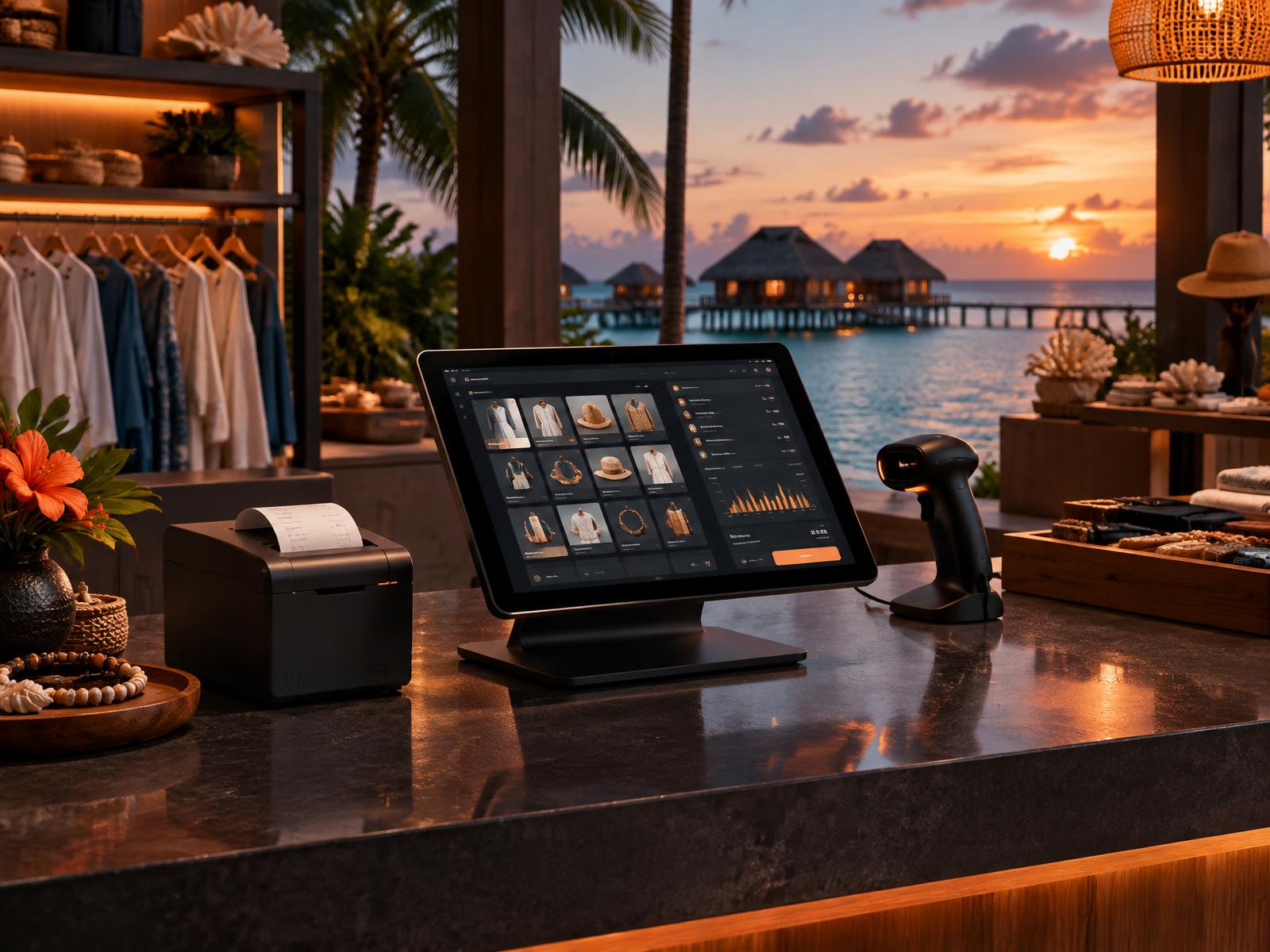 Exora POS terminal at a Maldivian retail counter